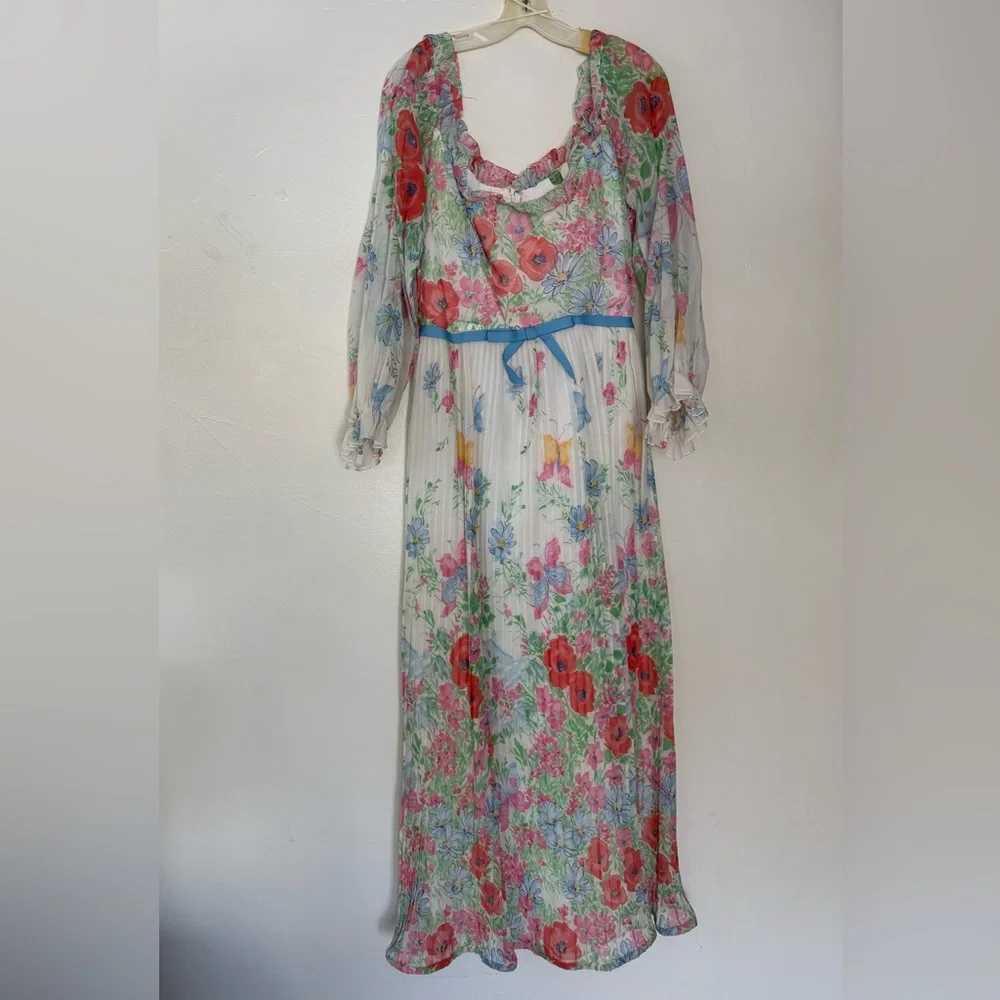 Vintage 1970s Pastel Floral Garden Maxi Dress Sheer Peasant Sleeve Womens Sz Lg - Picture 1 of 15